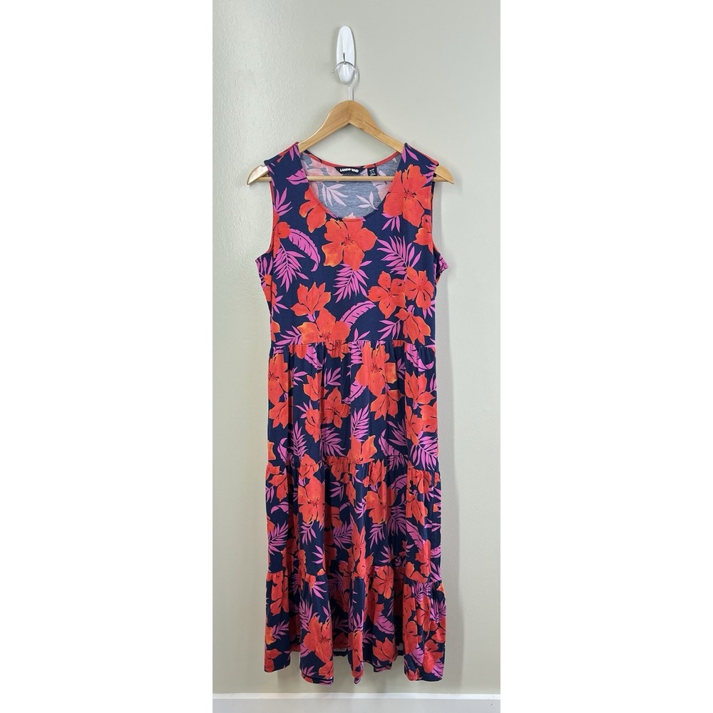 Lands End Tiered Maxi Floral Dress Hibiscus Tropical Sleeveless L/P (14-16)